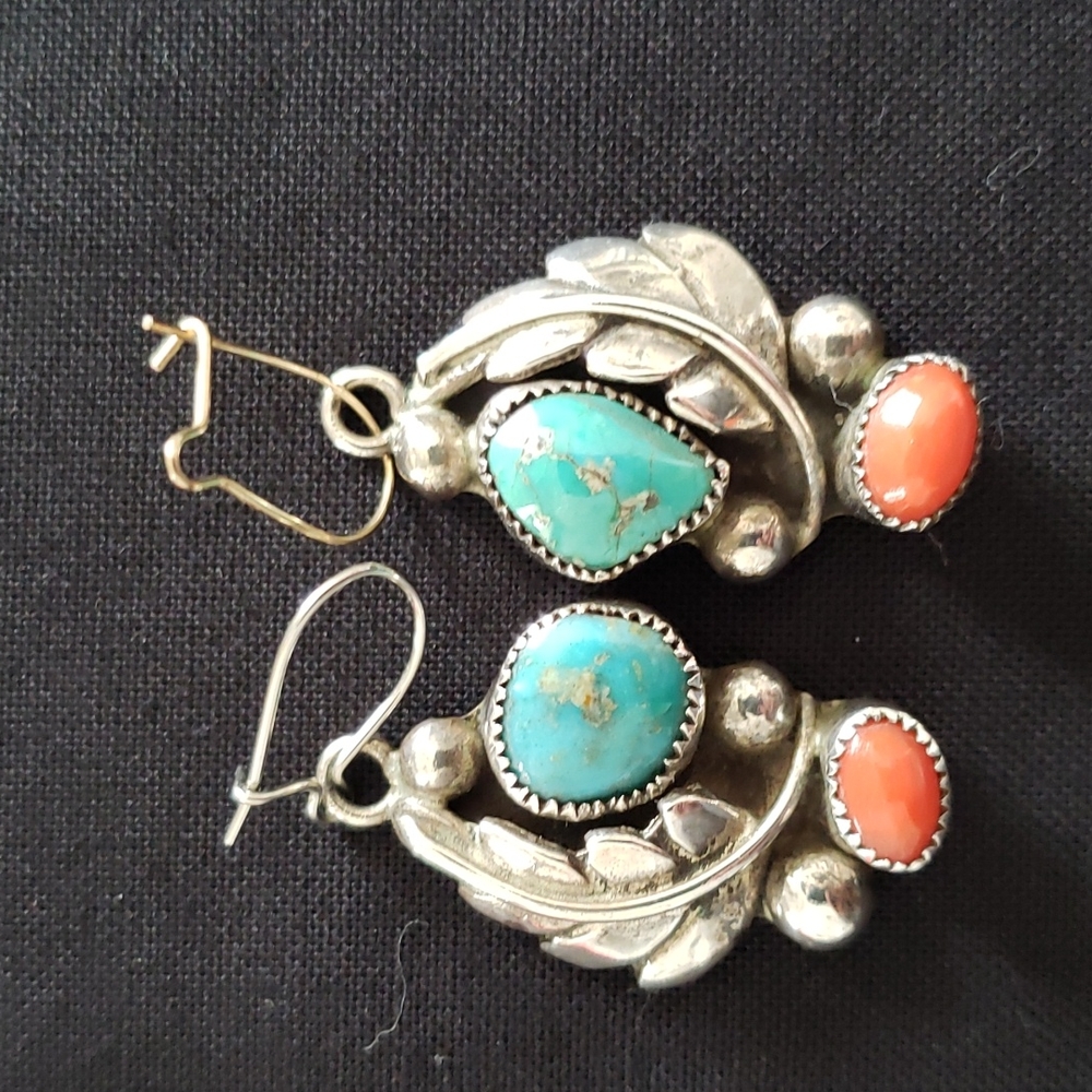 Vintage Native American made Turquoise,  Coral and Silver Earrings.